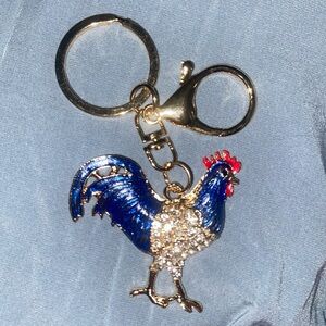 Boutique Rhinestone Blue and Gold Rooster Chicken Keychain or Bag Charm New